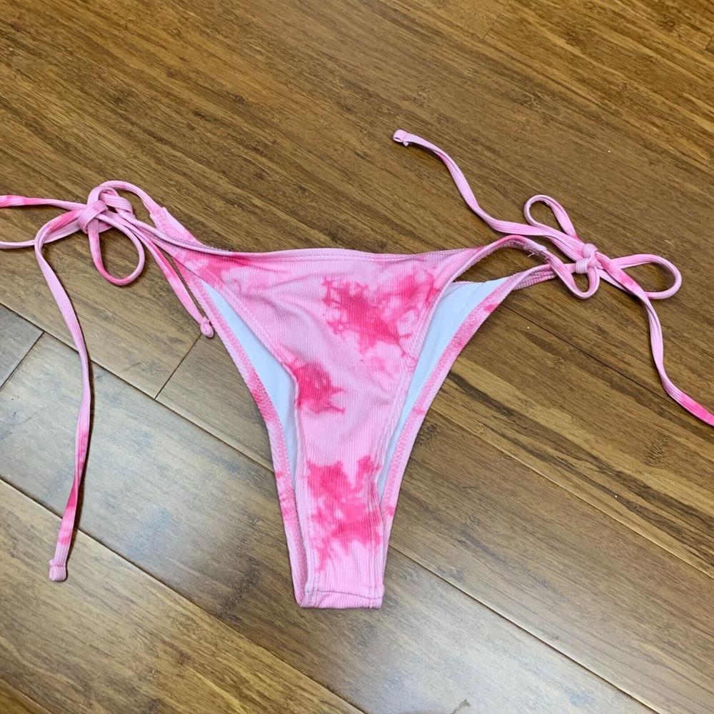 SHEIN Tie Side Bikini Bottom Womens Size Large Pink Tie Dye Ribbed‎ Swimsuit